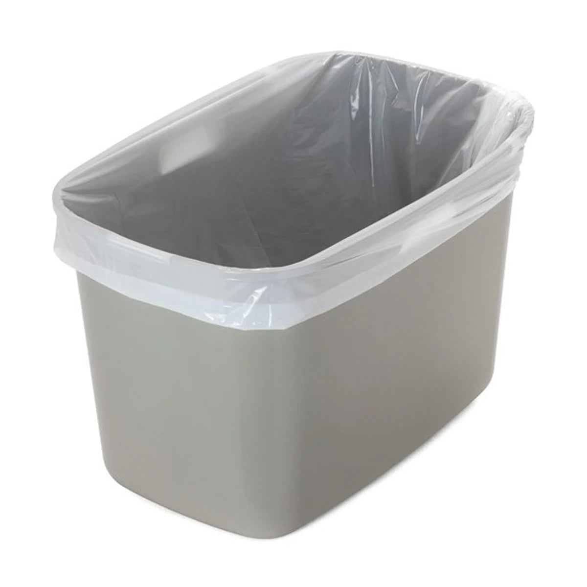 Moderna Top Cat top-entry cat litter box in Warm Grey and White, showing its high-sided base fitted with a disposable litter liner.