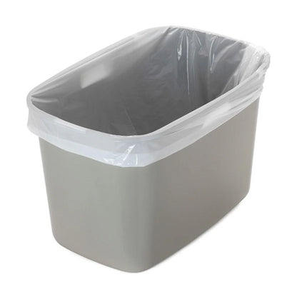 Moderna Top Cat top-entry cat litter box in Warm Grey and White, showing its high-sided base fitted with a disposable litter liner.