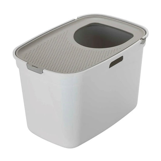 Moderna Top Cat top-entry cat litter box in Warm Grey and White with a textured litter-catching lid, wide top entrance and high-sided base.