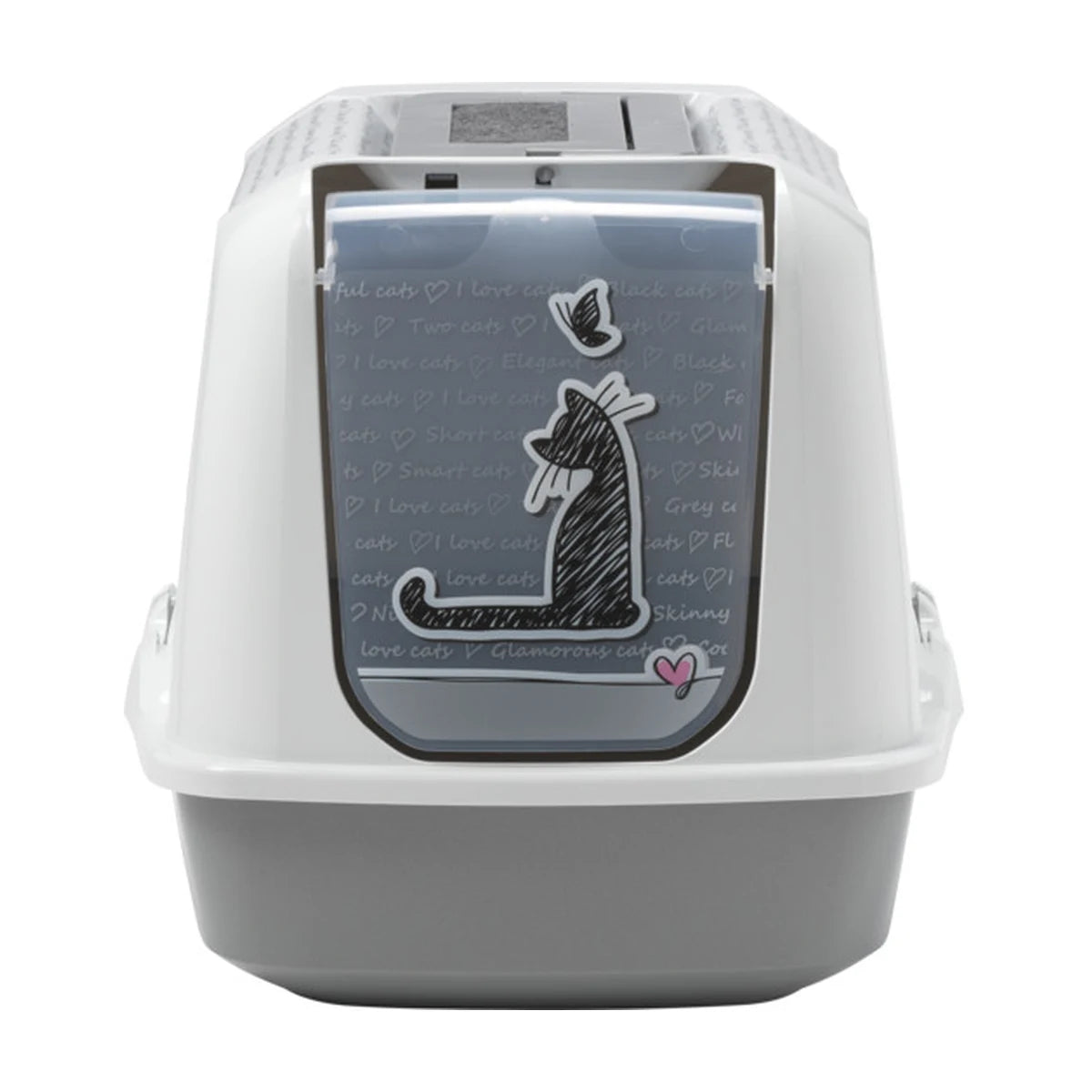 Front view of the Moderna Trendy Cat Large Cats in Love covered litter box showing its translucent cat-themed entry door and grey base.