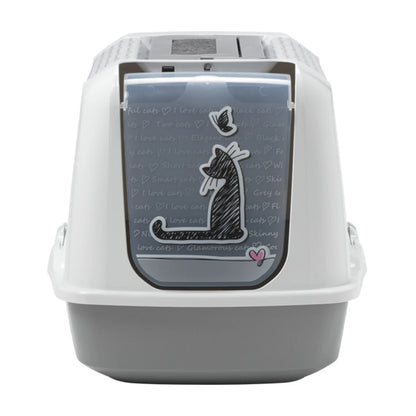 Front view of the Moderna Trendy Cat Large Cats in Love covered litter box showing its translucent cat-themed entry door and grey base.