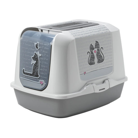 Moderna Trendy Cat Large Cats in Love covered cat litter box in speckled grey, showing translucent swing door, decorative cat artwork and enclosed design.