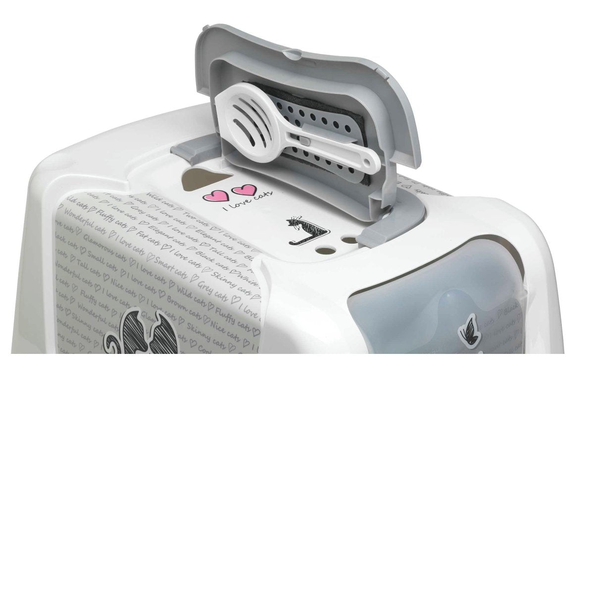 Close-up of the Moderna Trendy Cat Cats in Love litter box with its roof compartment open, revealing the stored litter scoop and charcoal filter.