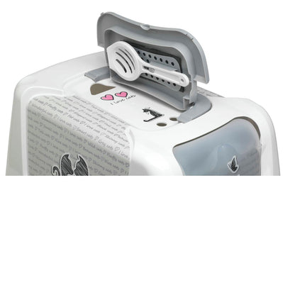 Close-up of the Moderna Trendy Cat Cats in Love litter box with its roof compartment open, revealing the stored litter scoop and charcoal filter.