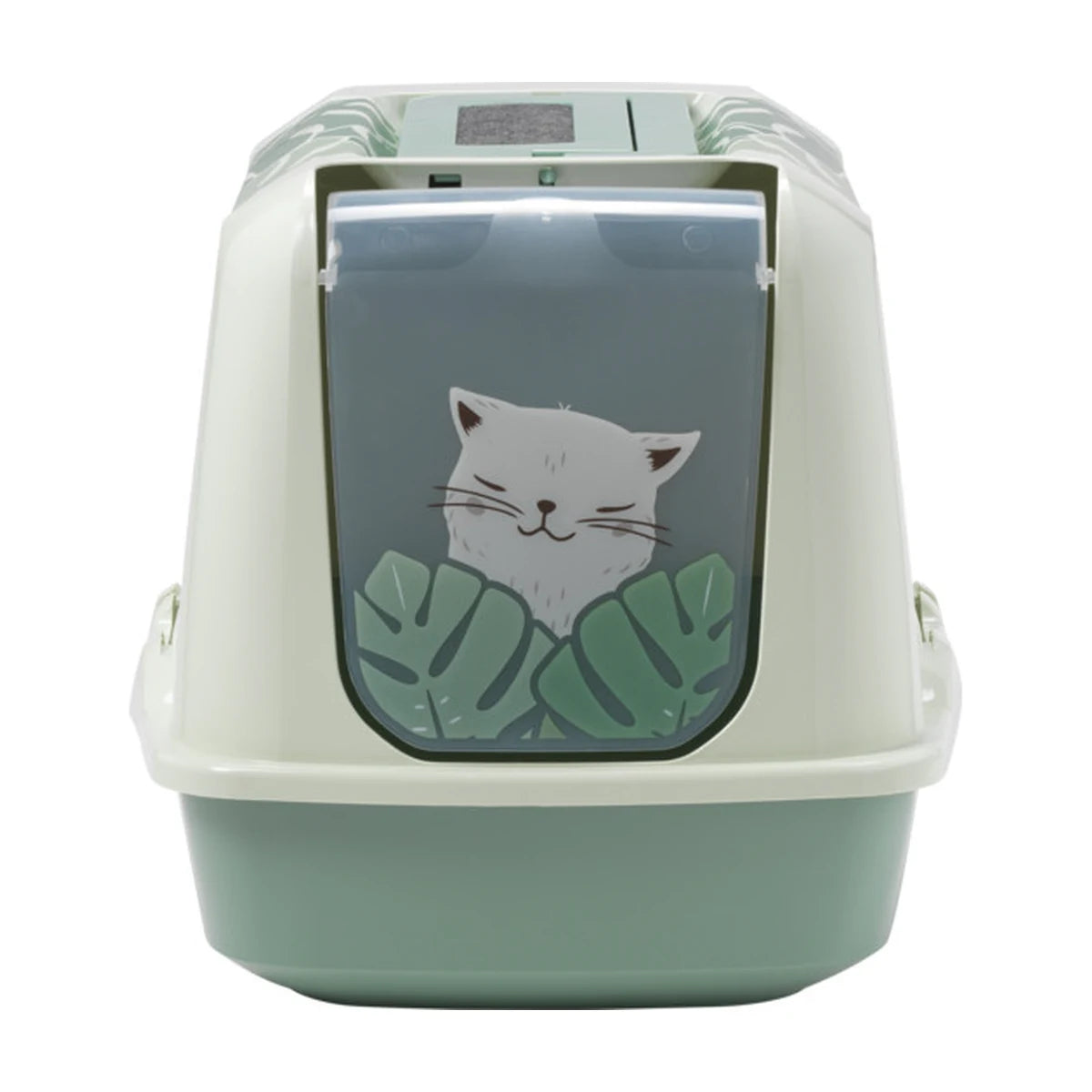 Front view of the Moderna Trendy Cat Large Eden Cat Litter Box with translucent swing door featuring a white cat illustration and green tropical leaves.