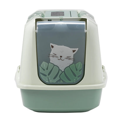 Front view of the Moderna Trendy Cat Large Eden Cat Litter Box with translucent swing door featuring a white cat illustration and green tropical leaves.