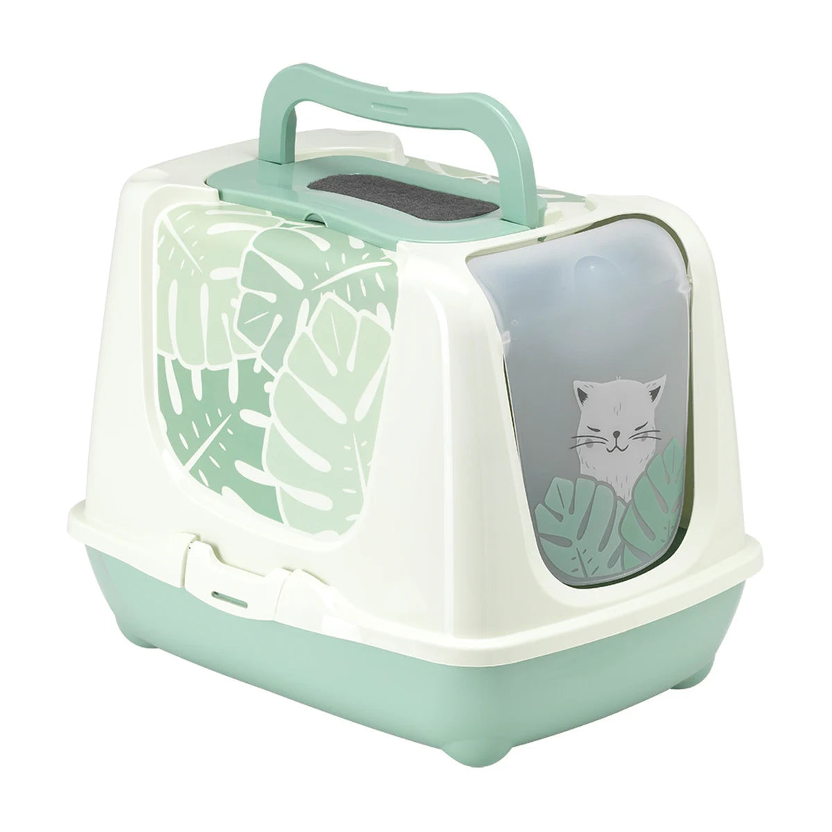 Moderna Trendy Cat Large Eden Cat Litter Box with integrated roof carry handle raised, showing the charcoal filter and Soft Green botanical design.