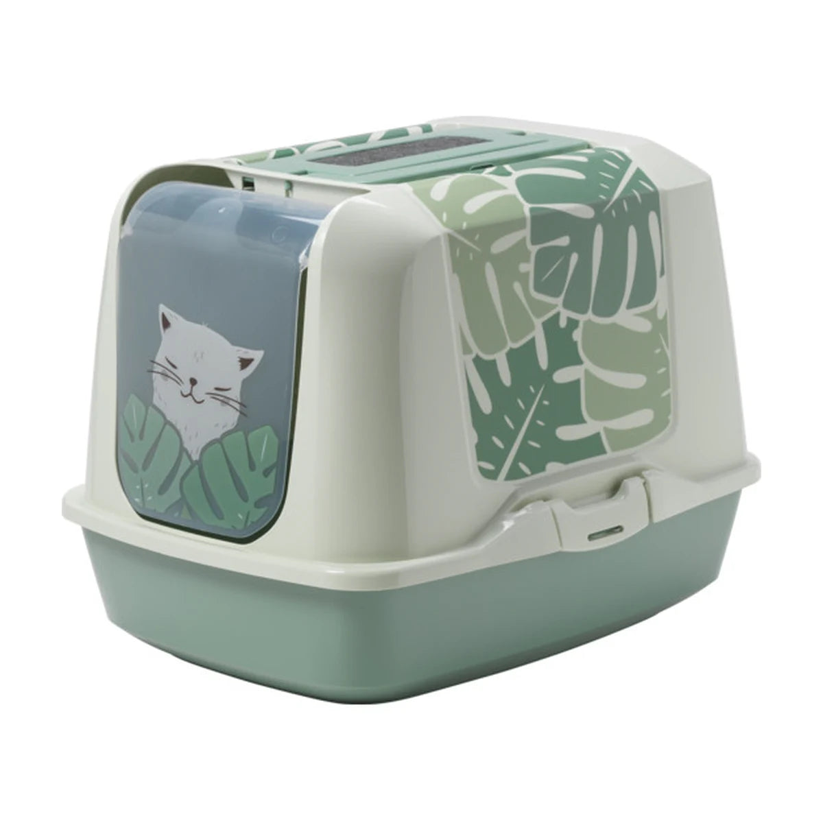 Moderna Trendy Cat Large Eden Cat Litter Box in Soft Green, showing its translucent cat-themed door and tropical leaf design.
