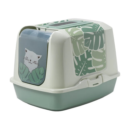 Moderna Trendy Cat Large Eden Cat Litter Box in Soft Green, showing its translucent cat-themed door and tropical leaf design.