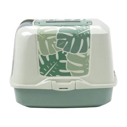 Rear view of the Moderna Trendy Cat Large Eden Cat Litter Box showing the Soft Green base and botanical leaf pattern on the enclosed hood.