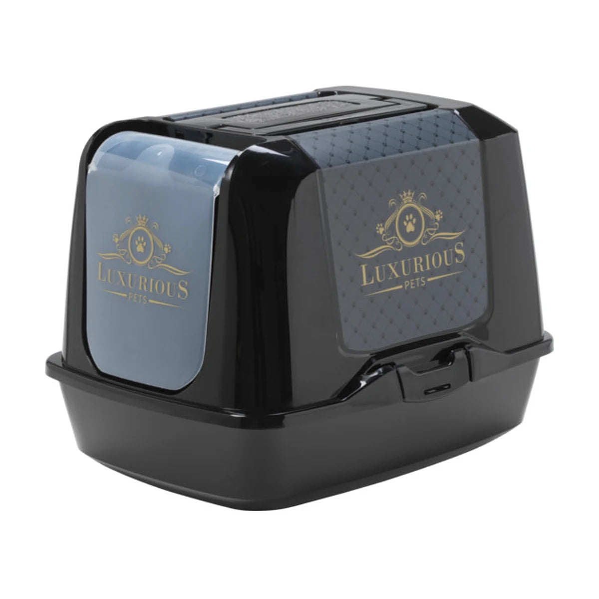 Angled view of the Moderna Trendy Cat Large Luxurious Cat Litter Box featuring glossy black sides, blue-grey decorative panels and gold accents.