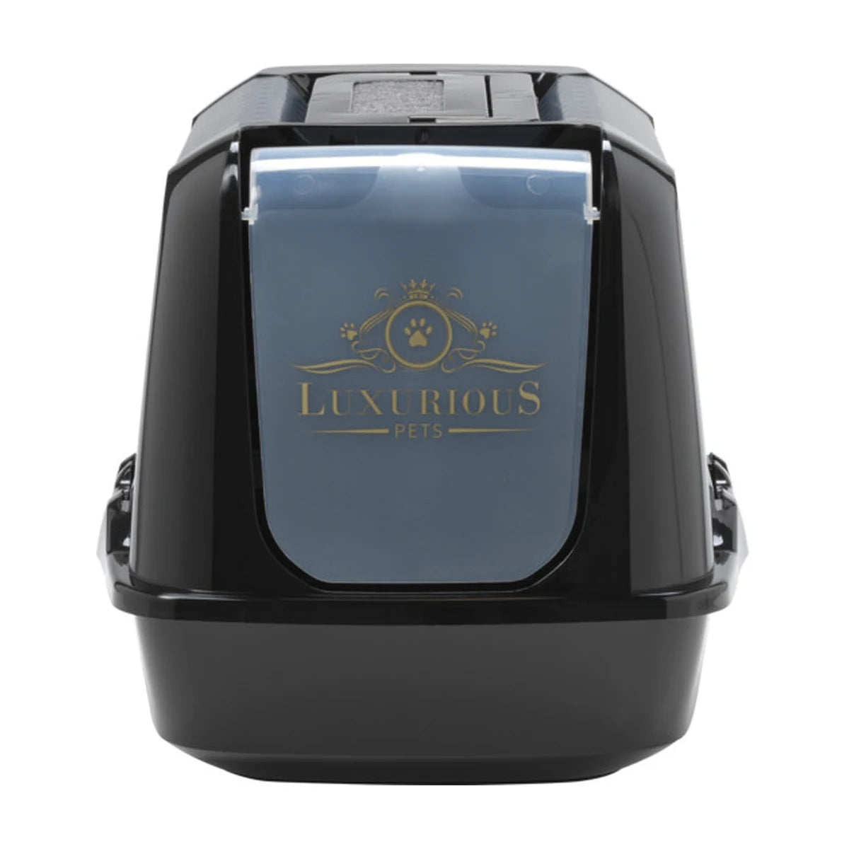 Front view of the Moderna Trendy Cat Large Luxurious Cat Litter Box showing the translucent swing door with gold Luxurious Pets artwork.