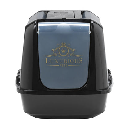 Front view of the Moderna Trendy Cat Large Luxurious Cat Litter Box showing the translucent swing door with gold Luxurious Pets artwork.