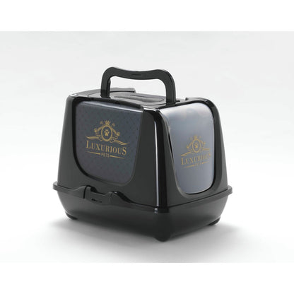 Moderna Trendy Cat Large Luxurious Cat Litter Box with integrated roof carry handle raised above the black enclosed litter box.