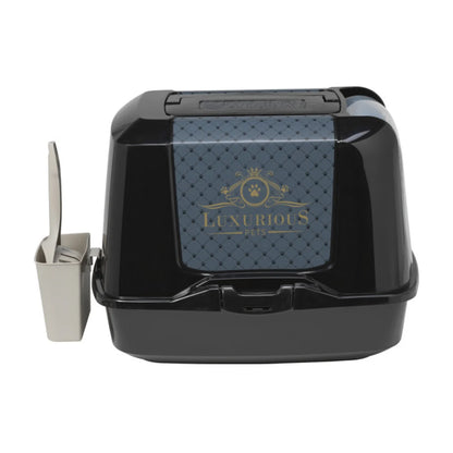Moderna Trendy Cat Large Luxurious Cat Litter Box in black, with translucent blue-grey swing door, gold detailing and separate litter scoop holder.