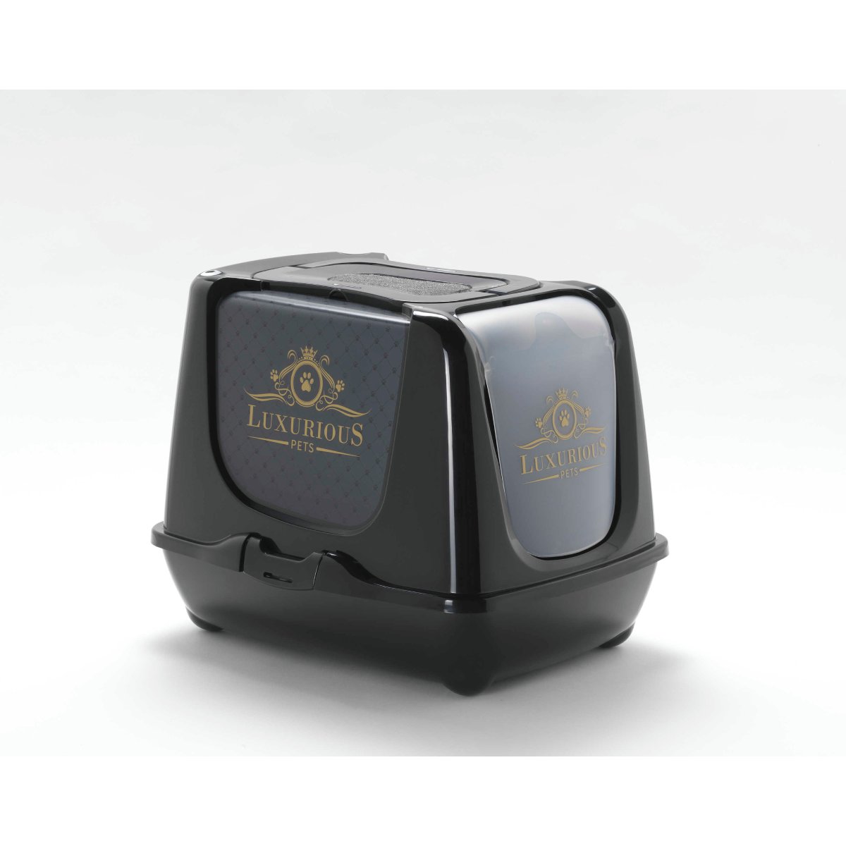 Side angled view of the Moderna Trendy Cat Large Luxurious Cat Litter Box showing its enclosed black body, translucent door and decorative gold design.