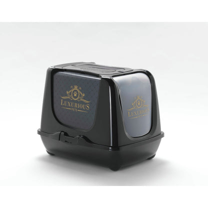 Side angled view of the Moderna Trendy Cat Large Luxurious Cat Litter Box showing its enclosed black body, translucent door and decorative gold design.