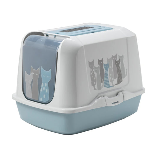 Moderna Trendy Cat Large Maasai Cat Litter Box in Duck Egg Blue and white, showing translucent swing door with cat illustrations and roof filter.