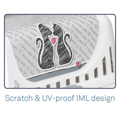 Close-up of the scratch- and UV-resistant Cats in Love IML design on the Moderna Trendy Runner cat carrier