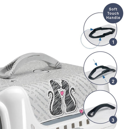 Close-up of the soft-touch grip handle on the Moderna Trendy Runner Cats in Love cat carrier