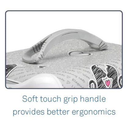 Moderna Trendy Runner Cats in Love cat carrier with three detail views of the soft-touch handle