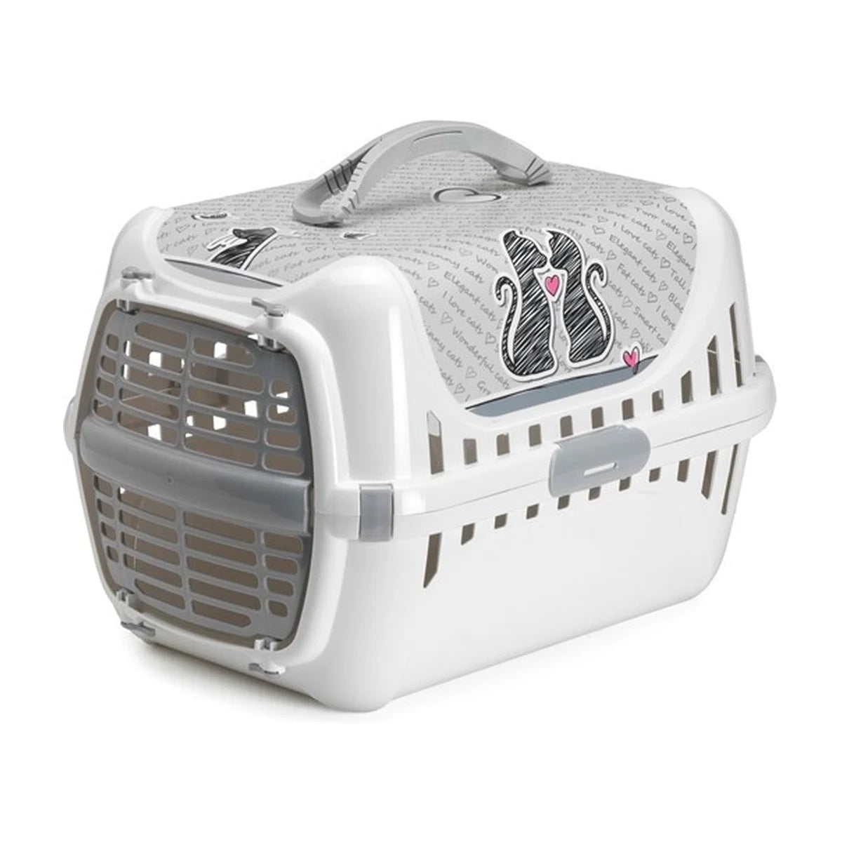 Moderna Trendy Runner Cats in Love speckled grey plastic cat carrier with front door and top handle