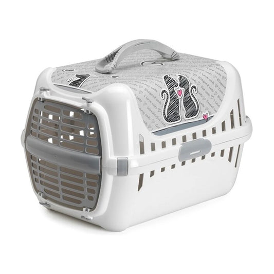 Moderna Trendy Runner Cats in Love speckled grey plastic cat carrier with front door and top handle