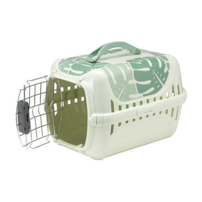 Moderna Trendy Runner Eden light green cat carrier shown with the spring-lock front door open