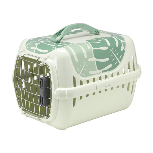 Moderna Trendy Runner Eden light green cat carrier with closed spring-lock door, leafy design and top handle