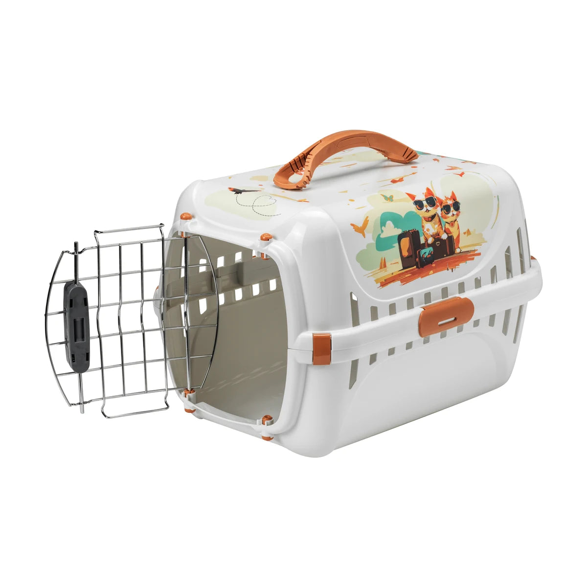 Moderna Trendy Runner Indy & Louise cat carrier shown with the spring-lock front door open