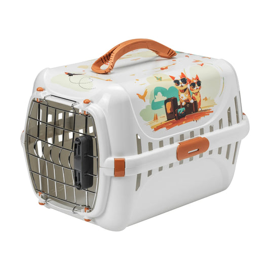 Moderna Trendy Runner Indy & Louise white cat carrier with closed spring-lock door, orange handle and travel artwork