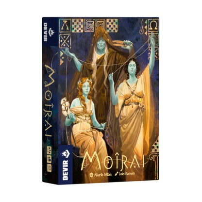 Moirai card game box front by Devir with Greek mythology Three Fates artwork