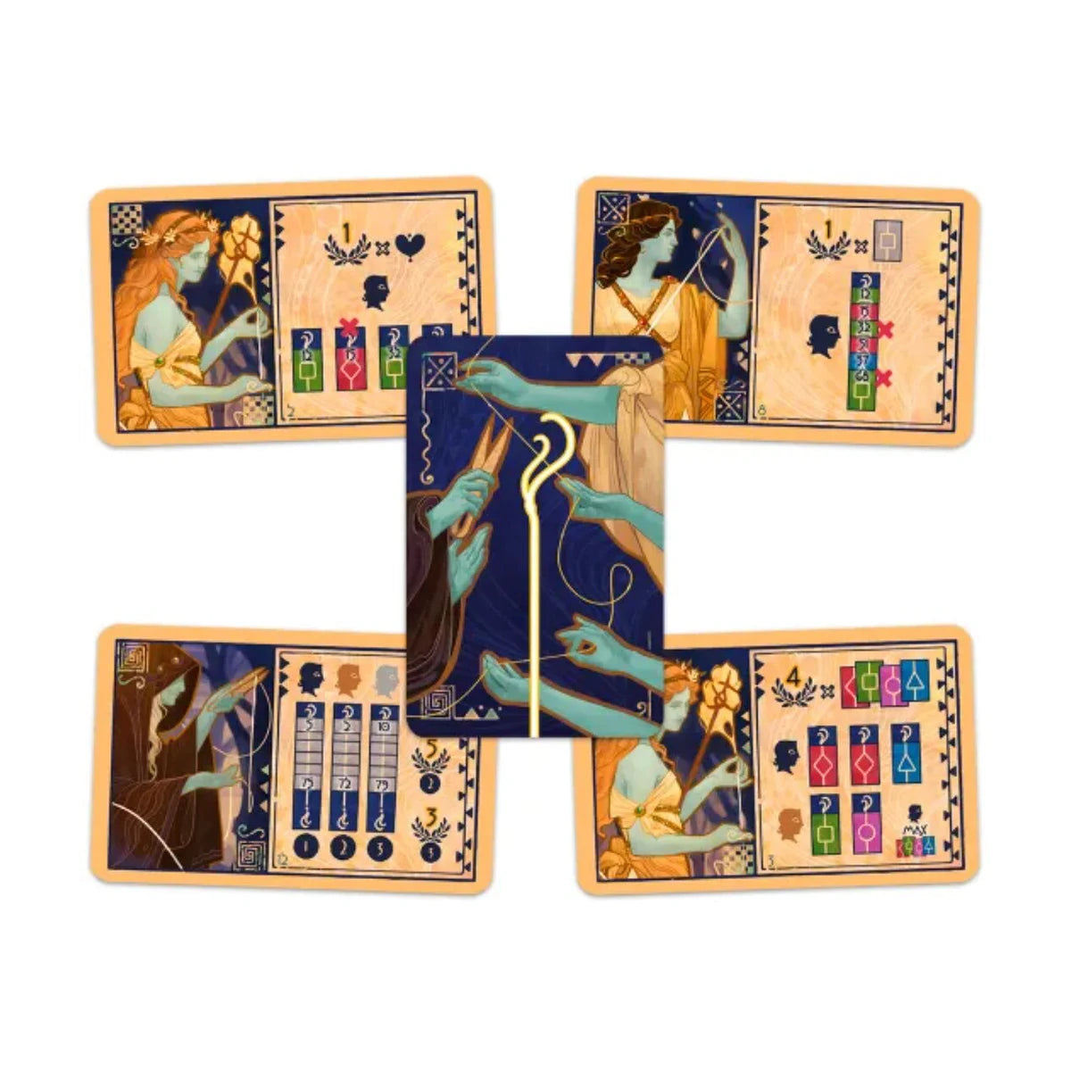 Moirai card game cards showing loom building and Greek mythology scoring cards