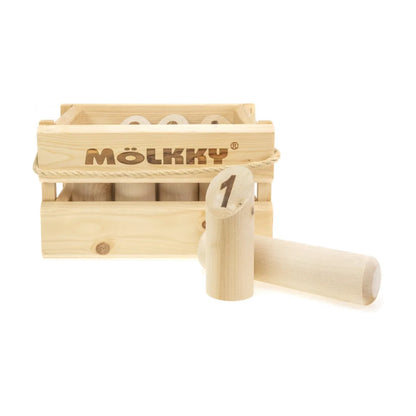 Mölkky Original storage crate with numbered wooden pin and throwing skittle displayed in front