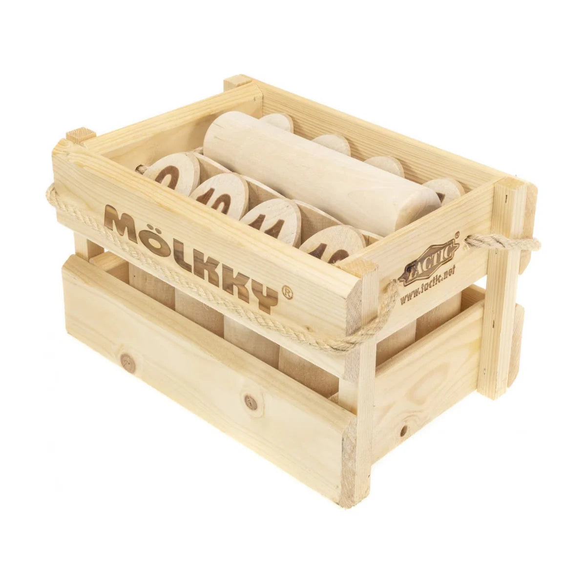 Angled side view of the Mölkky Original wooden crate with numbered pins and throwing skittle