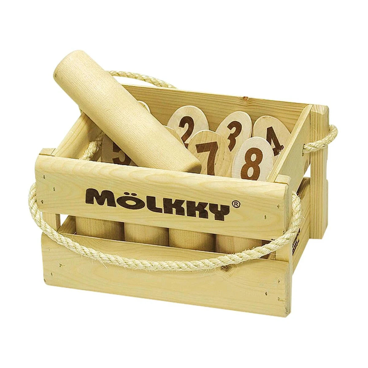 Mölkky Original wooden outdoor game with numbered pins and throwing skittle in storage crate