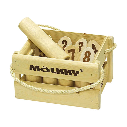 Mölkky Original wooden outdoor game with numbered pins and throwing skittle in storage crate