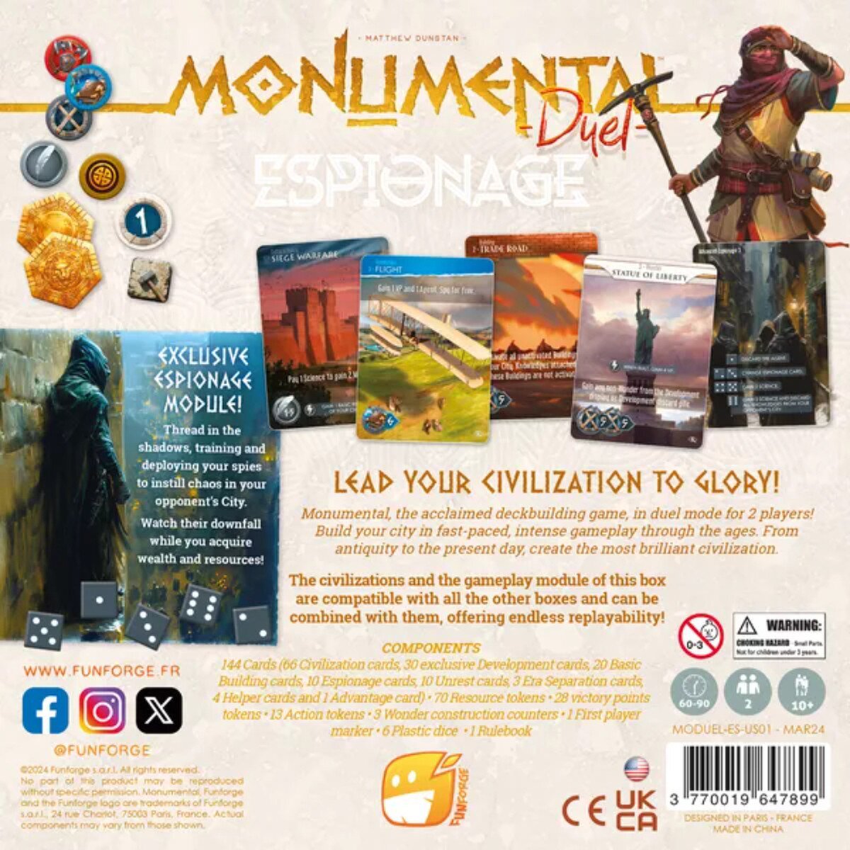 Monumental Duel Espionage box back showing cards Agent Dice tokens and espionage gameplay for two players