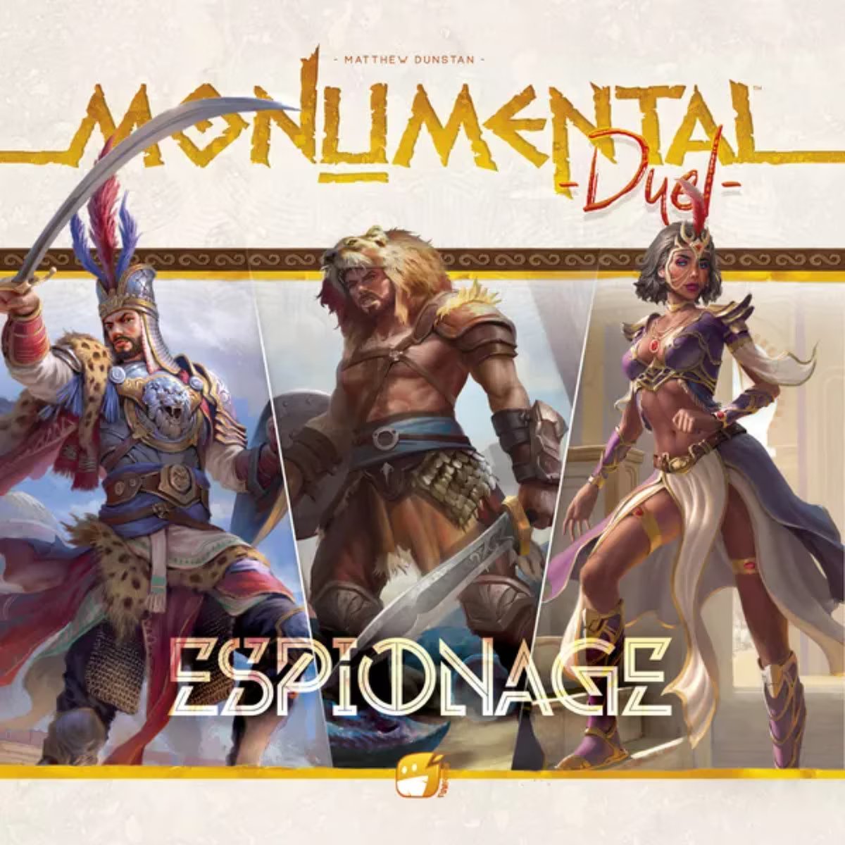 Monumental Duel Espionage board game front showing warriors from the three included civilizations