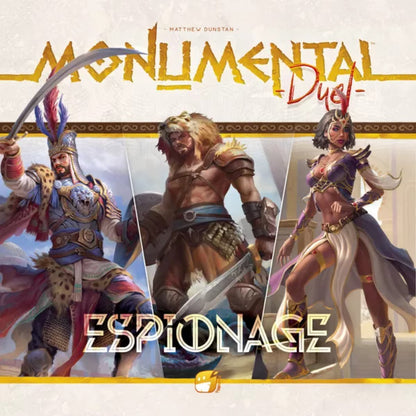 Monumental Duel Espionage board game front showing warriors from the three included civilizations