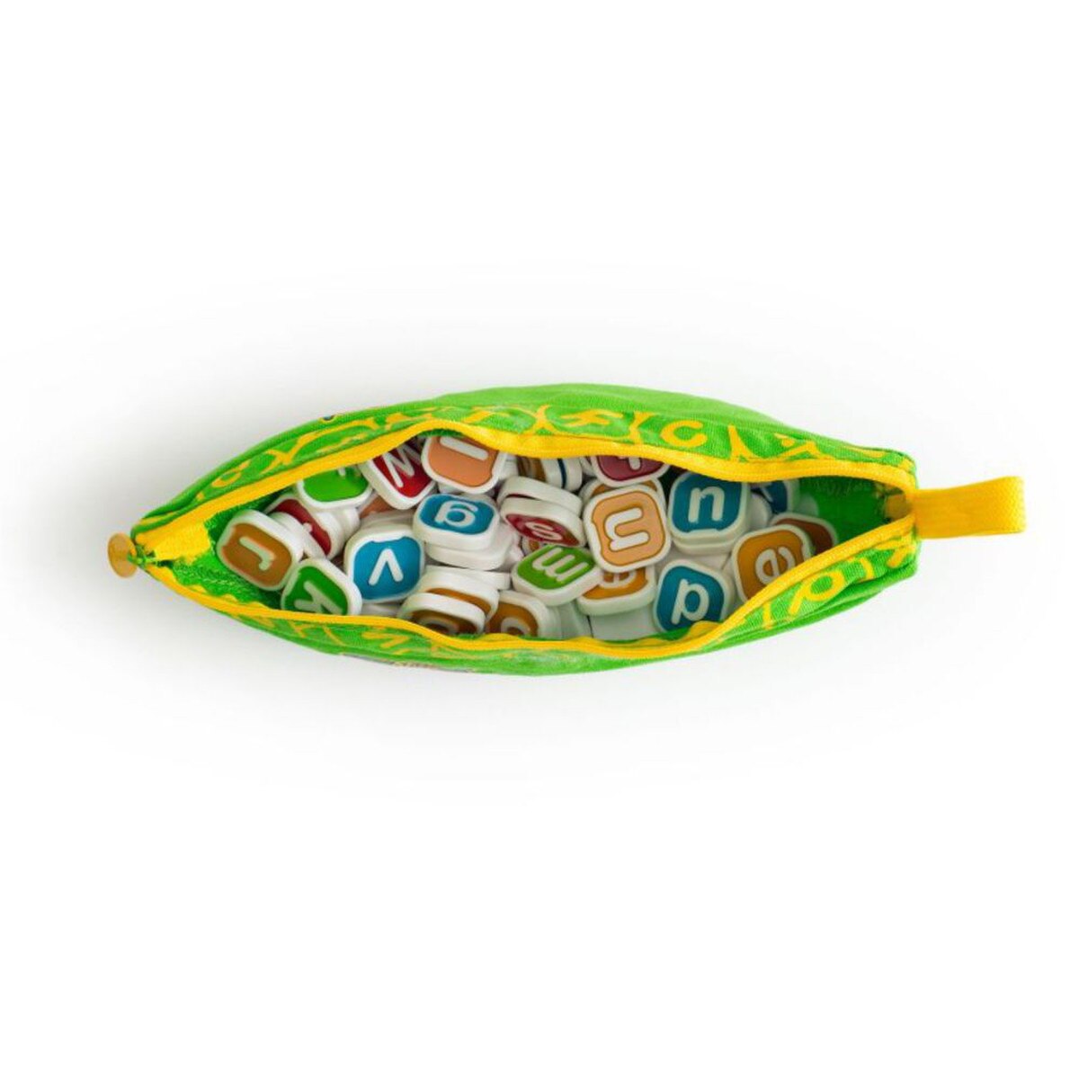 Open My First Bananagrams pouch filled with colourful lowercase letter tiles