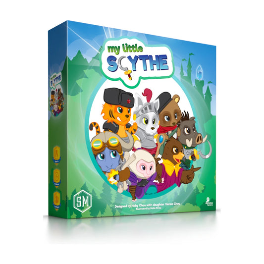 My Little Scythe board game box front showing family friendly animal adventure strategy game for 1 to 6 players