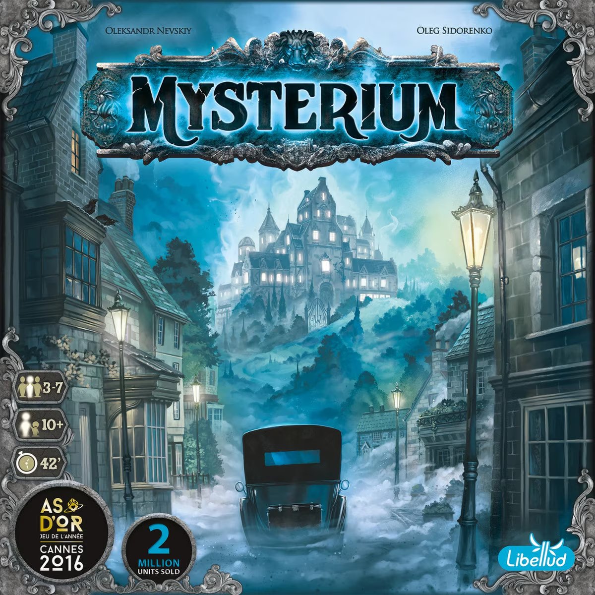 Mysterium 2025 Refresh board game front cover showing Warwick Manor in the mist