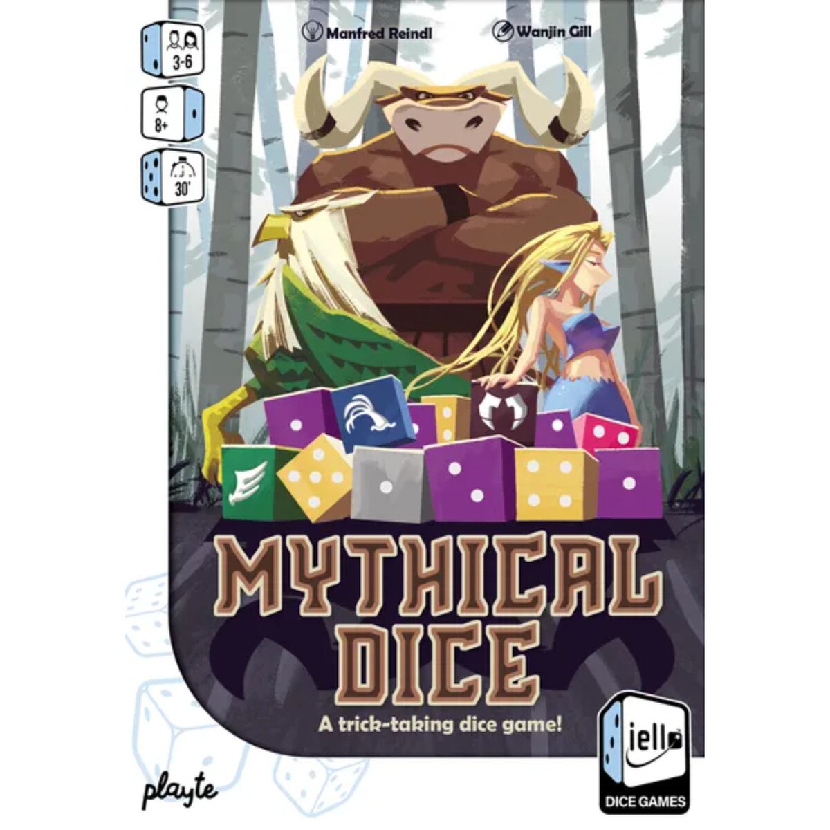Mythical Dice box front showing Minotaur, Griffin, and Mermaid above colourful dice in a fantasy labyrinth theme