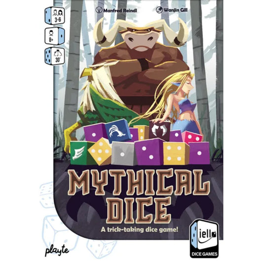 Mythical Dice box front showing Minotaur, Griffin, and Mermaid above colourful dice in a fantasy labyrinth theme