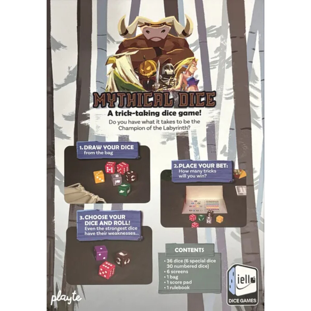 Mythical Dice back of box showing how to draw dice, place bets, and win tricks in this fantasy dice game