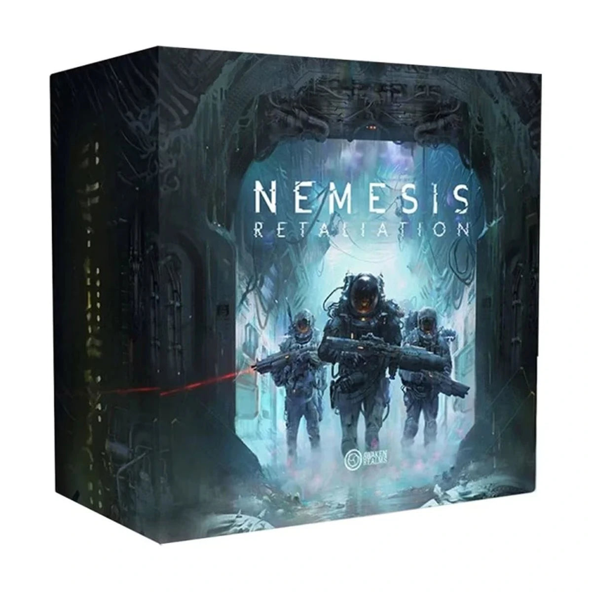 Nemesis Retaliation board game box showing three armed marines advancing through a dark sci-fi Facility corridor