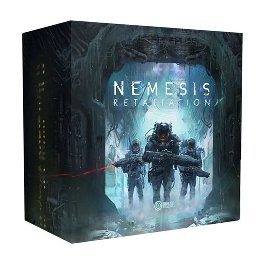 Nemesis Retaliation board game box showing three armed marines advancing through a dark sci-fi Facility corridor