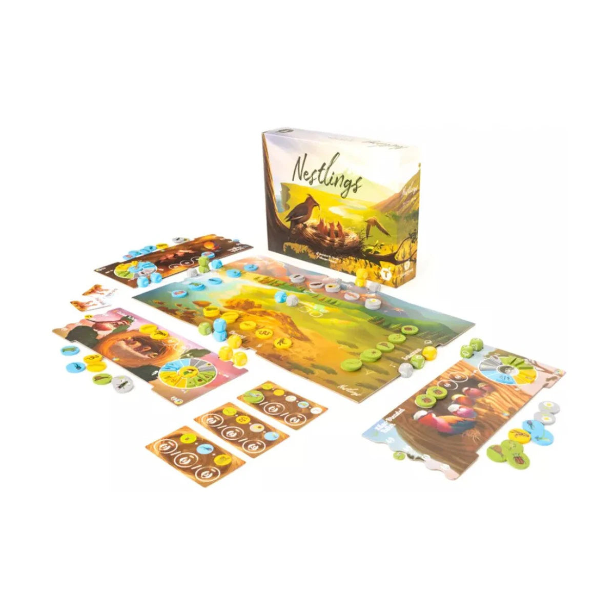 Nestlings bird strategy board game full setup with board, player boards, dice, tokens and box