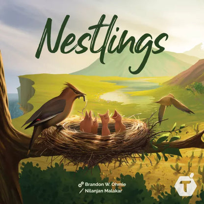Nestlings board game box art featuring birds, nestlings and a peaceful nature landscape